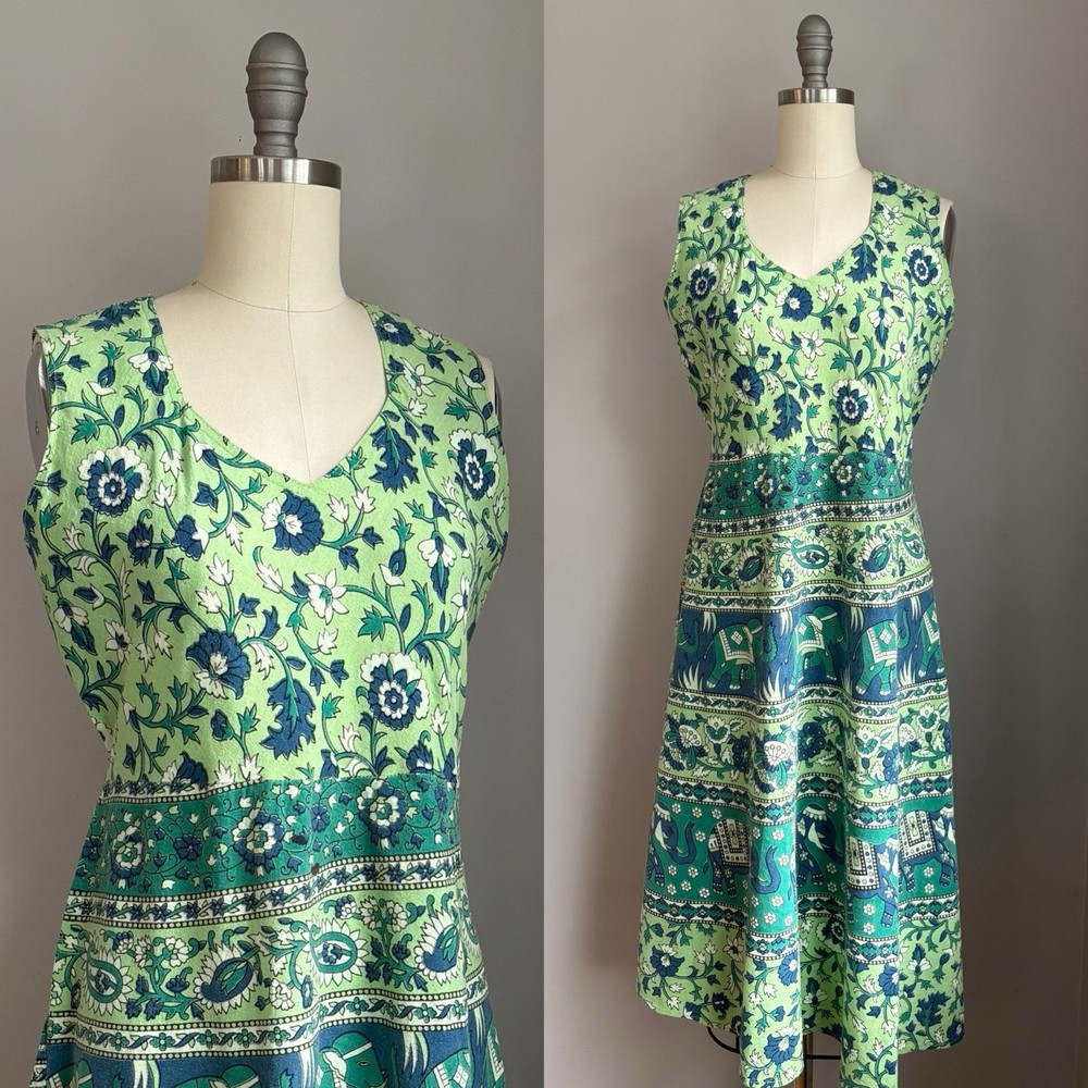 Vintage 1970’s Elephant, Donkey & Floral Cotton Block Print Sun Dress India S/M