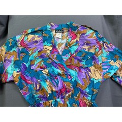 VTG Caliche 80s Abstract Floral Midi Dress Teal Purple Button Front Women 16P