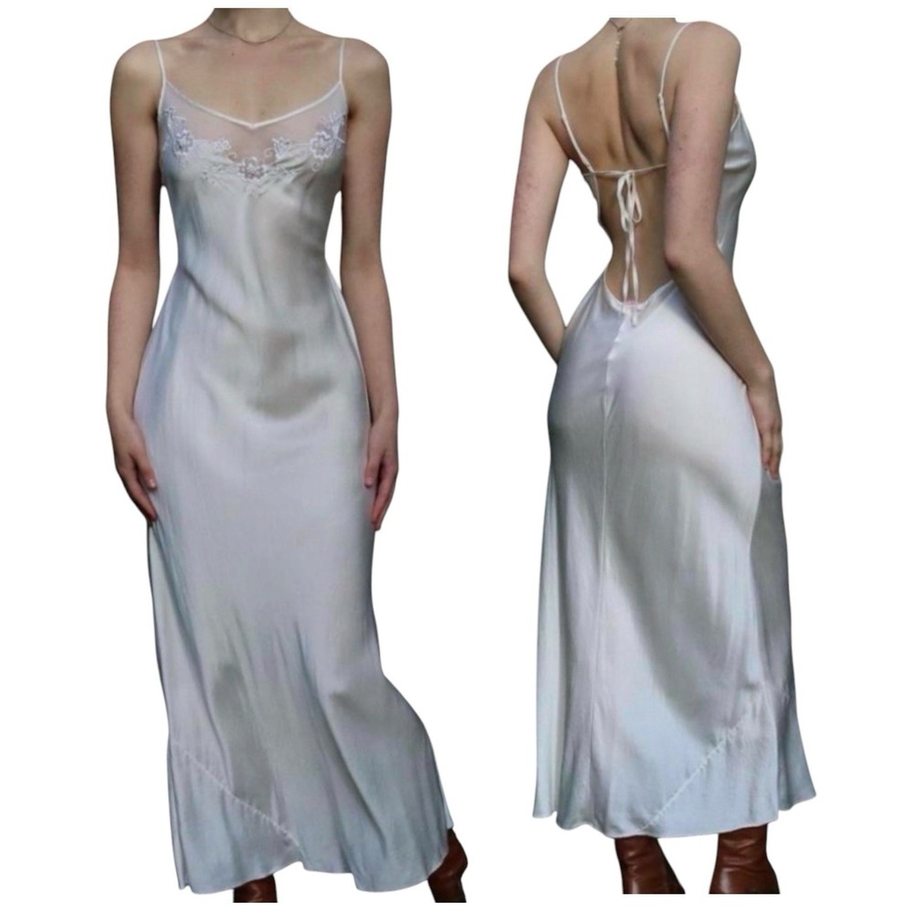 Y2K Victoria’s Secret 100% Silk Beaded Slip Gown Maxi Dress Lingerie Bias Cut L