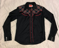 Vintage Ely Plains Womens Black Pearl Snap Western Shirt Sz 15/16 Red Trim Plaid