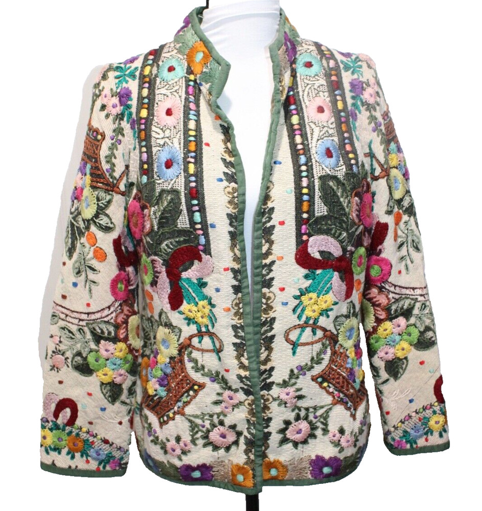 Vintage Embroidered Brocade Jacket Boho Open Front Stitch Detail Blazer 1960s
