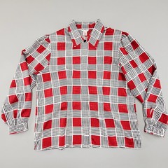 80s Koret Blouse Geometric Secretary Retro Bold Plaid Print Red Buttondown