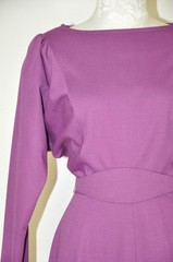 70s Vintage Purple Wool Knit Jersey Puff Sleeve Belt Full Skirt Dress Women M L