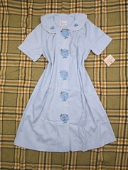 Vintage 60s 70s Loungees Pastel Blue Duster Robe Embroidered Roses Sz 16 NOS