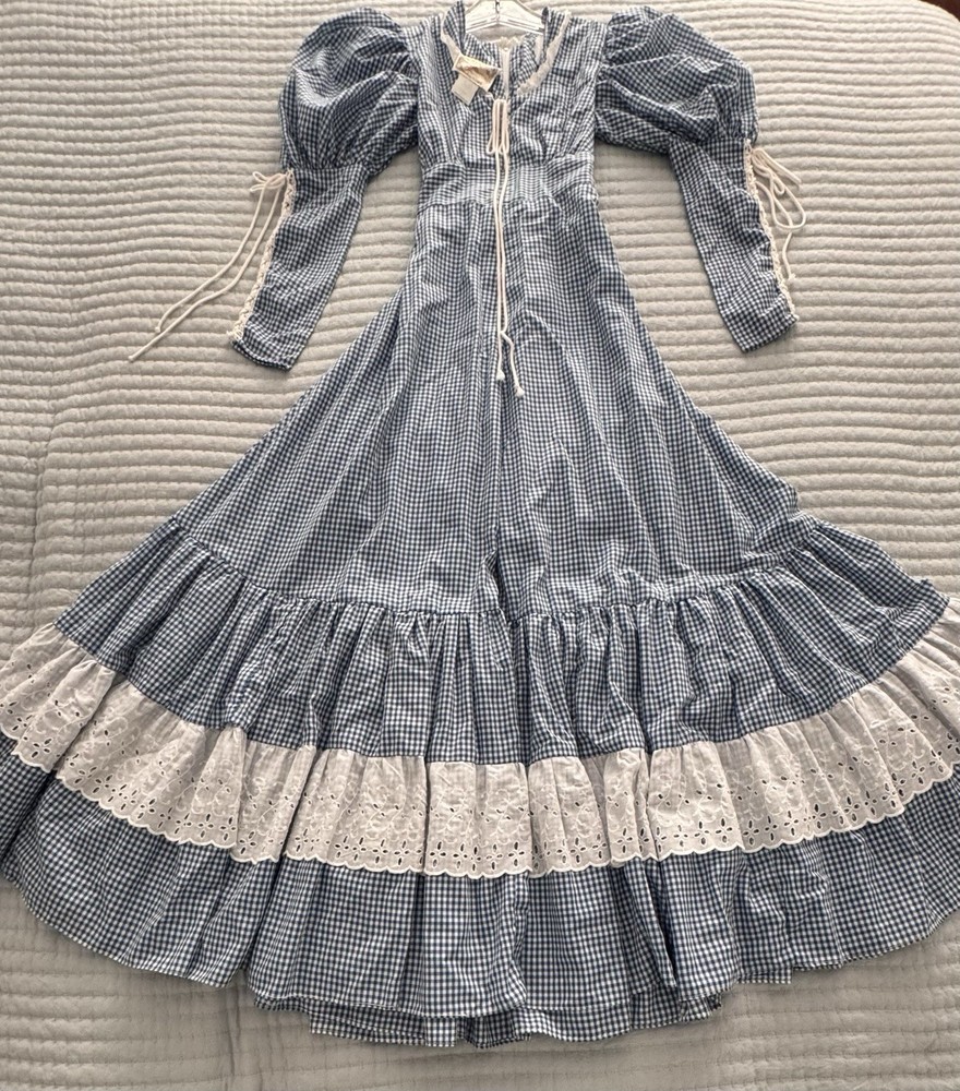 VTG 70s Gunne Sax Gingham Maxi Prairie Dress Juliet Sleeves Cottagecore Size 11