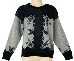 Vintage 1980s black gray sweater, floral glam patterned oversized acrylic S