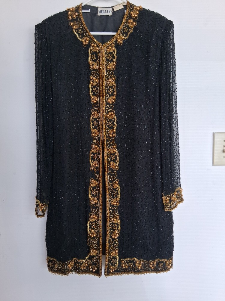 Vintage sz XL black, long formal jacket in black & gold beading. See description