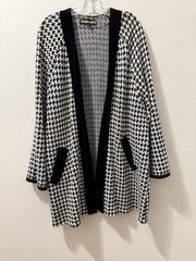 Vtg 80s Long Cardigan Sweater Houndstooth Velvet Trim HEAVY by Seventeen Brazil