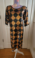 Gorgeous! Vtg Nolan Miller Dynasty Collection Black & Gold Sequin Column Dress