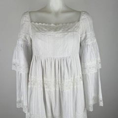 Vintage 70s White Maxi Dress Pleated Cotton Boho Wedding Cottagecore Size S