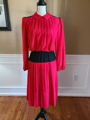 Vtg 80s Cathy Sue Dress Size 10 Red Black Secretary Pleated Polyester Rockabilly
