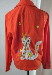 Vtg 70s Orange Western Shirt Flower Crown Cat Applique Embroidered Novelty M 14