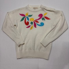 Vintage Quantum Sportswear White Knit Sweater Colorful Abstract Embroidery S