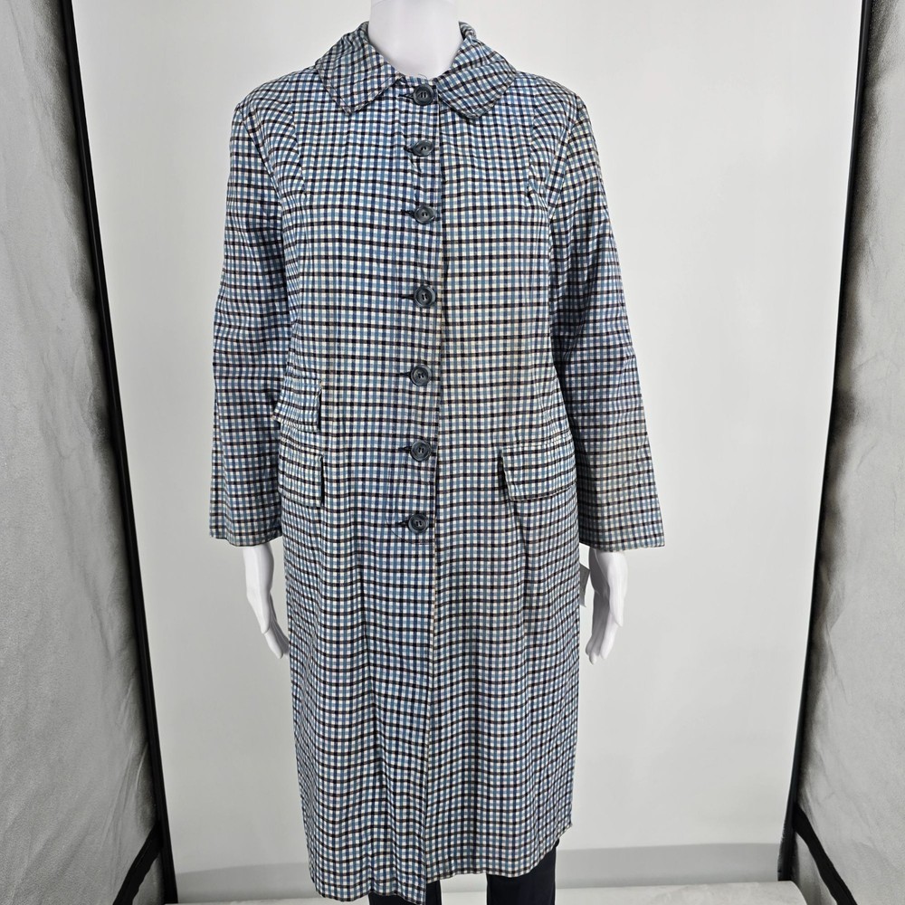 Vintage 1960s Unbranded Women’s Single-breasted Blue Check Plaid Car Coat (M/L)