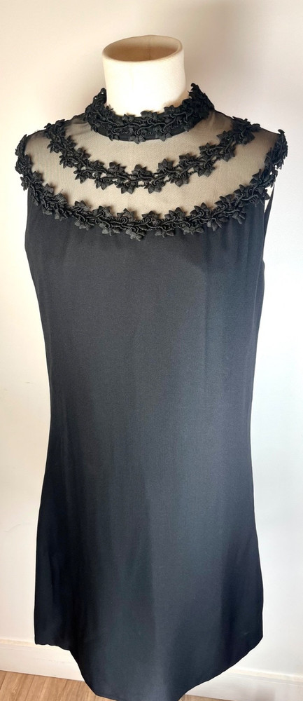Vintage black 1960’s midi cocktail sleeveless shift dress sheer neckline small