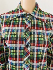 VTG 70s JC Penney Fashions Button Up Poly Tartan Plaid Shirt Top Wide Lapel M**