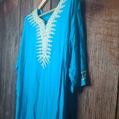 Boho Vintage Hours Aegean Turquoise Gold Moroccan Embroidered Kaftan Maxi Dress