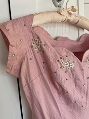 Orig 50s Pinup Dress Pink Cotton Rhinestone Swing Skirt Sun Fun California SM