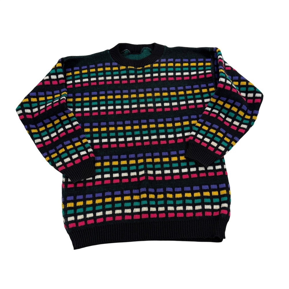 VTG Geometric Knit Multi-Color Block Crewneck Sweater Womens L/XL Retro 80s
