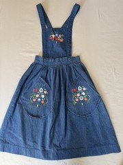 Vintage 70s Handmade Denim Prairie Jumper Skirt Floral Embroidered Size 26