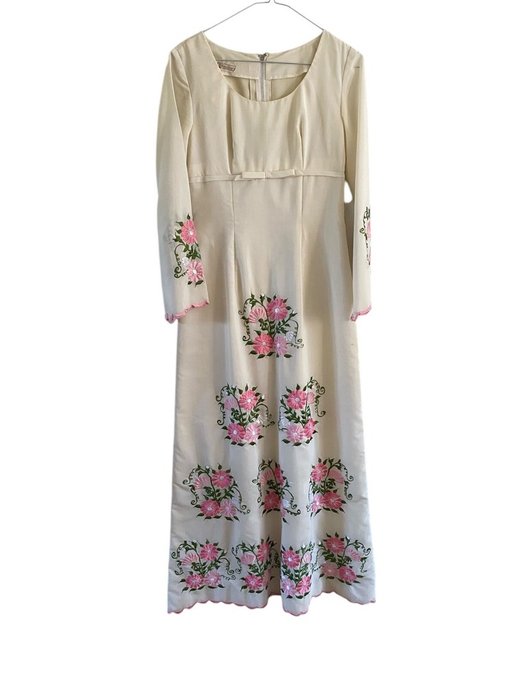 Vintage 60’s Tesoro’s Embroidered Floral Maxi Dress MCM Boho Hippie Wedding