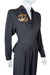 Vintage 40s Chic Black Crepe Peplum Swag Dress S