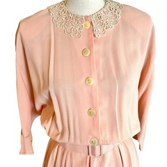 Vtg 80s All That Jazz Pink Blouson Midi Dress Lace Collar Pleated Belted Medium