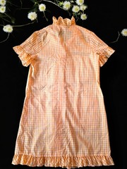 Vintage 60s Yellow Gingham Ruffled Button Up House Dress w/ Embroidered Pockets