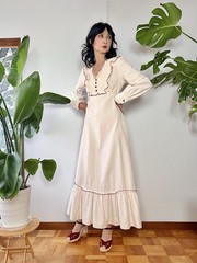 VTG 70s Lace Bib Crochet Trim Cotton Prairie Maxi Dress XS/S Cottagecore