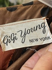 Vintage 1950’s Gigi Young NY brown Silk dots Dress 36” bust 26” waist