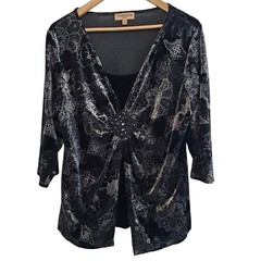 Vintage Notations Y2K Velvet Top Womens 1X Black Whimsygoth Witchy Boho Floral