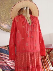 VTG Indian Thin Cotton Gauze Persimmon Red Gold Block Printed Peasant Dress