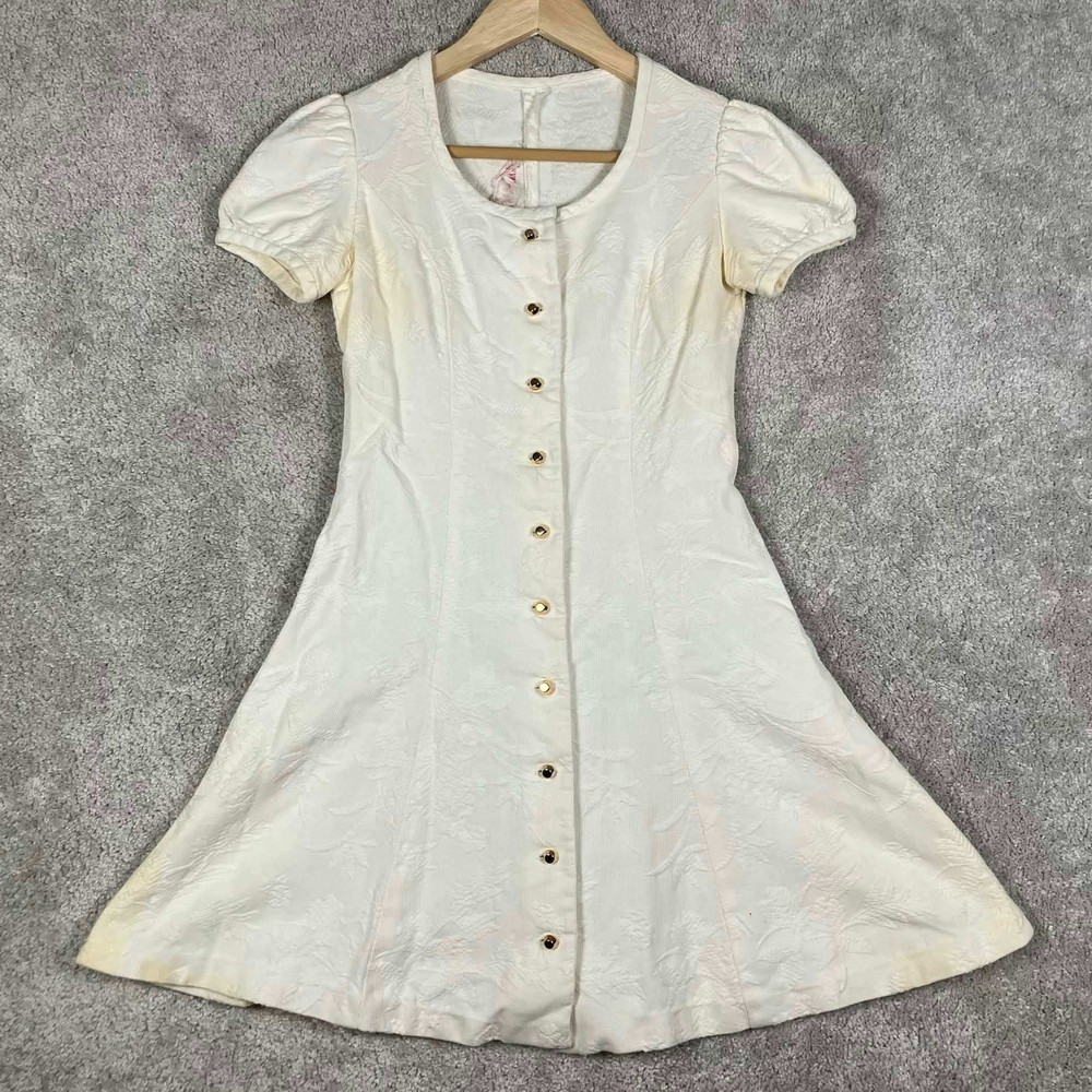 Vintage 60s Vicky Vaughn White Floral Jacquard Puff Sleeve Button Mini Dress