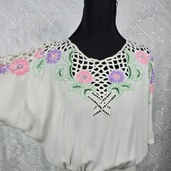 Vintage 70s White Floral Embroidered Crochet Lace Maxi Dress Elastic Waist Boho