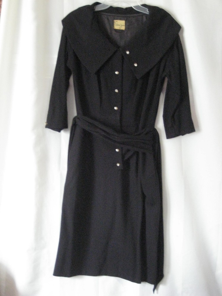 Vintage TAILORED JUNIOR Black Wide Collar Rhinestone Buttons Dress