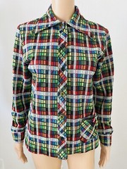 VTG 70s JC Penney Fashions Button Up Poly Tartan Plaid Shirt Top Wide Lapel M**