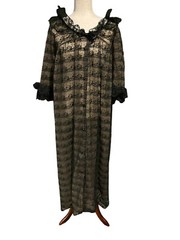 1960’s Black & Nude Nylon Lace Robe Sleepwear Bows Buttons Women’s S Union Made