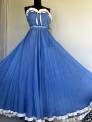 VTG 50s 60’s Turquoise Raise Polka Dots Embroidery Ruffle Full Sweep Gown Prom S