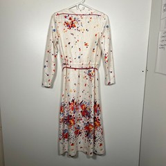 Vintage Tobi White Multi Abstract Floral Paint Splatter Midi Dress Belted S/M