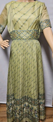 Vtg Alfred Shaheen Maxi Dress 70s Green Pleated Metallic Sheer Sleeve 12