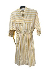 Vintage Yellow Striped Warren Petites Neiman Marcus Belted Shirt Dress Size 4