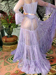 VTG SILKY PURPLE SEE THRU SHEER LAYERS BELL SWEEP NEGLIGEE NIGHTGOWN SISSY OSFM