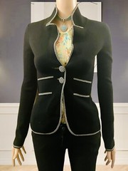 TL Wood Black Jacket Y2K Fitted Wool Crepe White Contrast Tailored boho Size XS