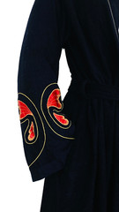 Vintage 1970s long black robe embroidered red butterfly wrap sleeve velvet dress