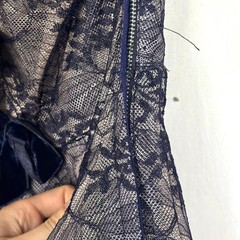 Vintage 1950s Navy Pink Floral Net Lace Tulle Halter Party Dress Velvet Bows