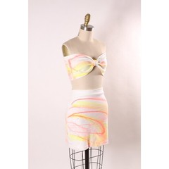 1980s White Pink Yellow Paint Splatter Tube Top Mini Skirt Two Piece Outfit