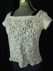 Vtg 50s Sheer Ivory Floral Lace Blouse-Bust 34/2XS, MISSED BUTTONS