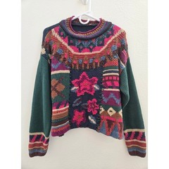 Vintage Knitted by Hand Patchwork Floral Sweater Ramie Cotton Large Boho 90s