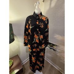 Vintage 70s 2-Piece Black and Orange Maxi Dress and Mandarin Jacket Size Large
