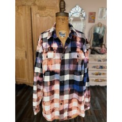 Distressed Upcycled Grunge Flannel Bleach Dye Jinx Patch Folk Art Shirt XL